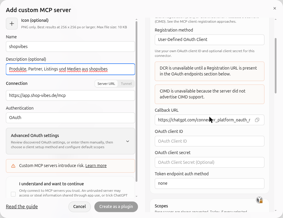 ChatGPT-Dialog „Add custom MCP server“ mit shopvibes-Server-URL, OAuth und den Feldern für Client-ID und Client-Secret