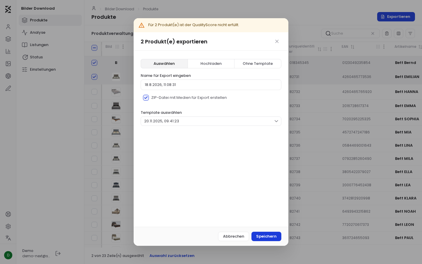 Export-Dialog mit aktivierter Option ZIP-Datei mit Medien für Export erstellen