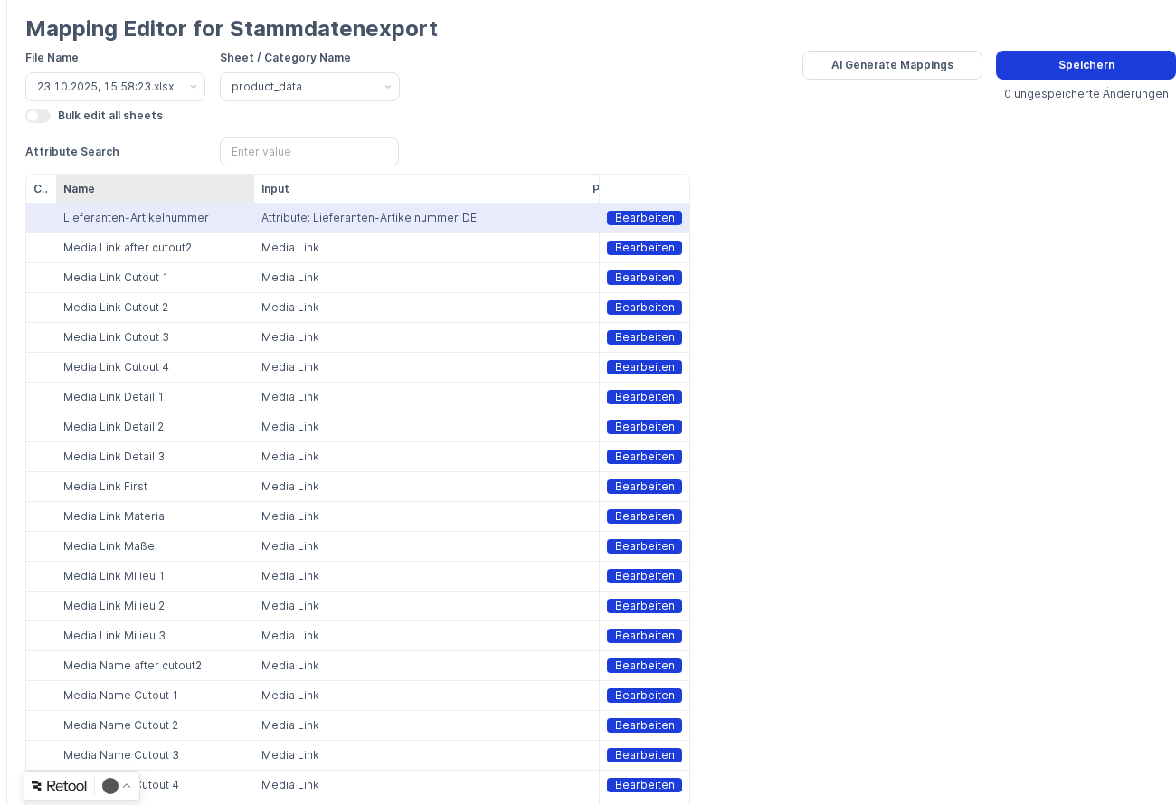 Mapping Editor mit Attributtabelle und Bearbeiten-Buttons